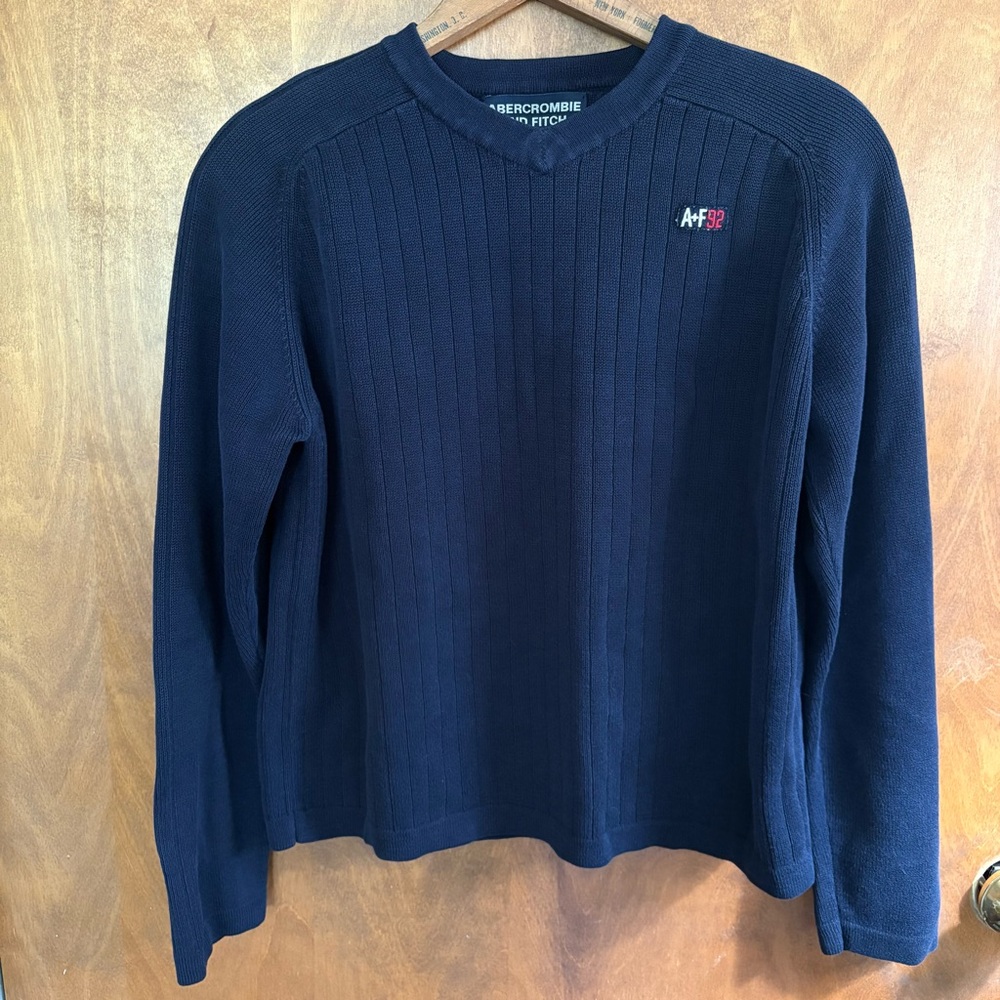 VINTAGE Men's Abercrombie & Fitch Navy Blue Cable Knit Sweater Y2K Preppy Logo